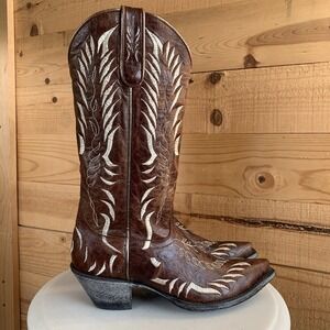 Johnny Ringo 7B Cowgirl Boots Western Stitch Bold Feather Snip‎ Toe Brown Rare